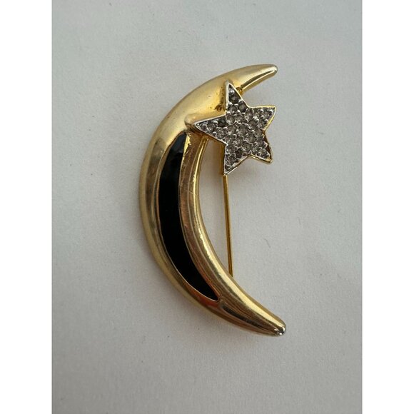 Vintage Gold-Tone Crescent Moon & Star Brooch With Rhinestones & Black Enamel - Picture 12 of 16